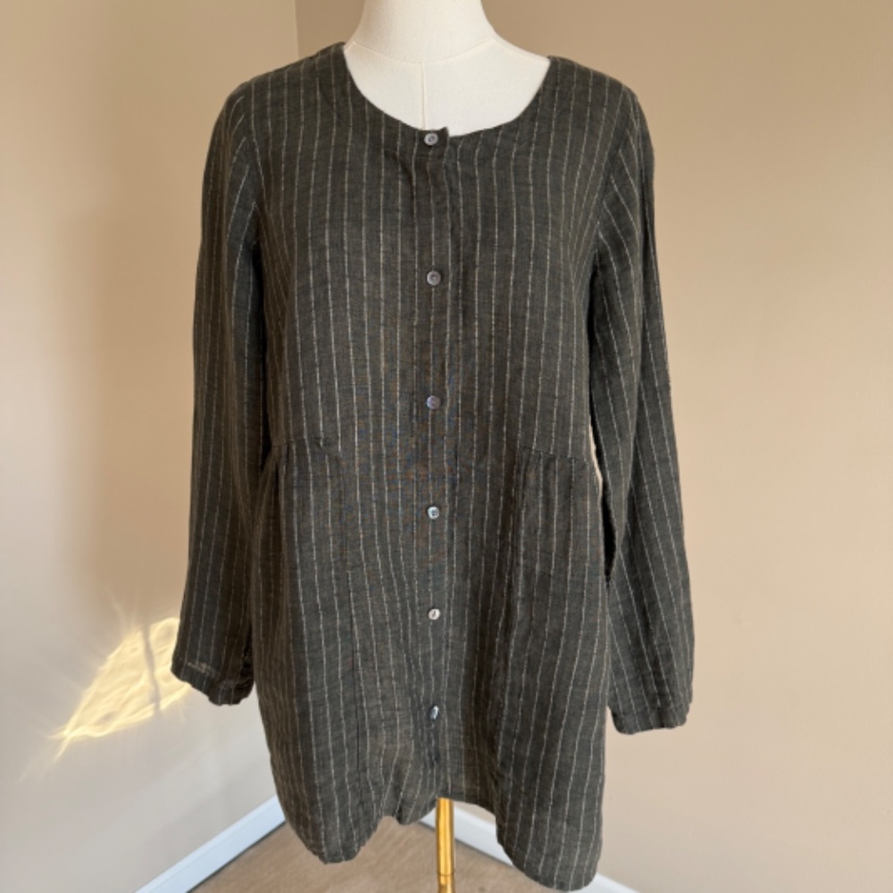 J Jill - Purejill 100% Linen Sage Green Striped Tunic top Size Small - Picture 2 of 13
